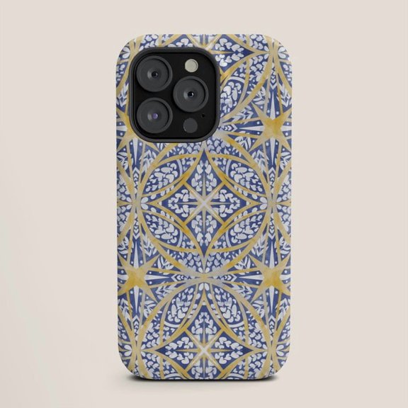 Blue, White and Gold Compass Star Tile Tough Case for Apple iPhone Series, Polycarbonate and TPU