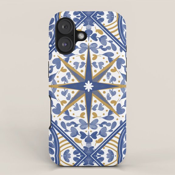 Blue, White and Gold Floral Compass Star Tough Case for Apple iPhone, Dual-Layer Polycarbonate and TPU