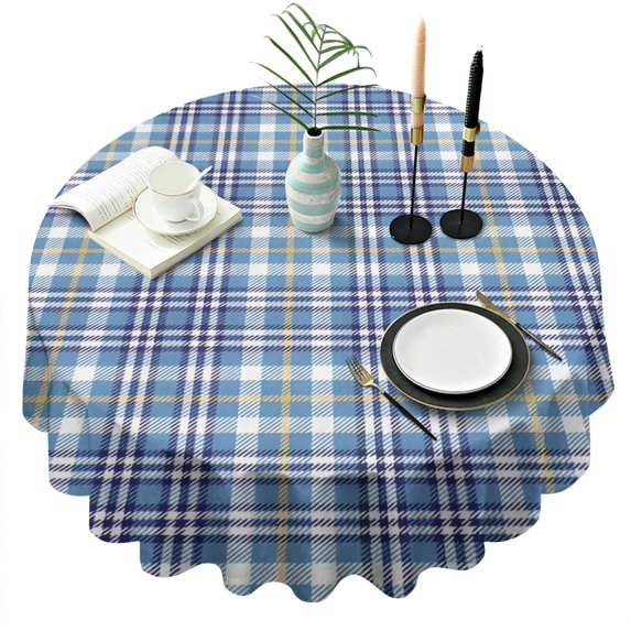 Blue White and Yellow Checkered Pattern Round Tablecloth 60"x60",Wrinkle Wipeable Table Cloth for Kitchen Dining Room Picnic Patio Party