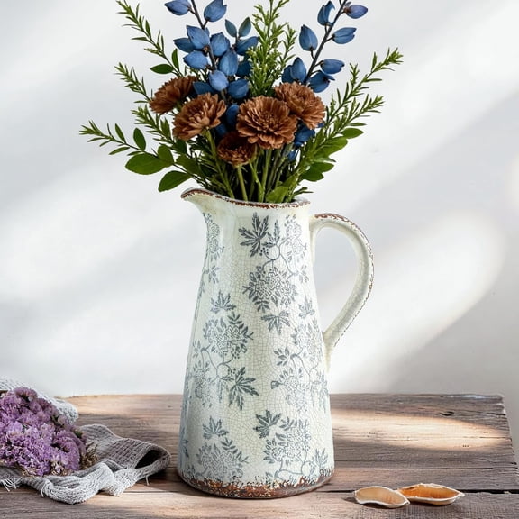 Blue and White vase with Handle,12.2 inch Ceramic Vintage Decorative Flower Pitcher vase, Large Rustic Vases for Home Decors, Living Room, Bookshelf, Office