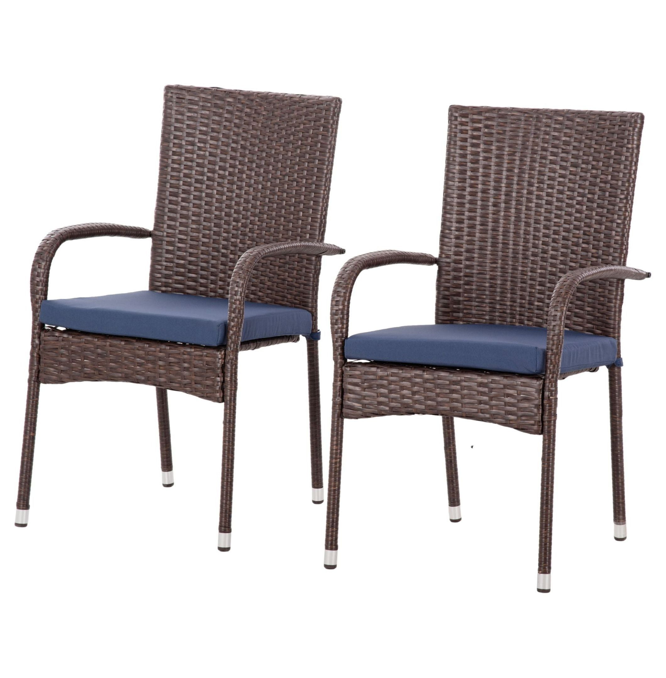 Blue Wicker Patio Chairs - Stackable Outdoor Dining Chairs with Cushions (2-Pack)