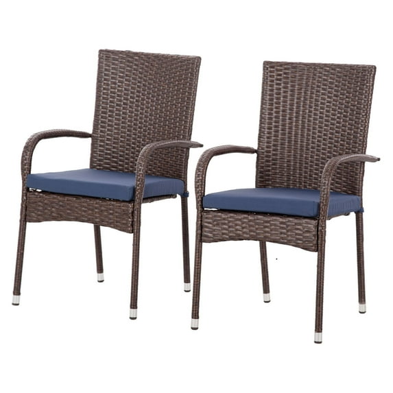 Blue Wicker Patio Chairs Stackable - Outdoor Dining Set of 2 with Cushions