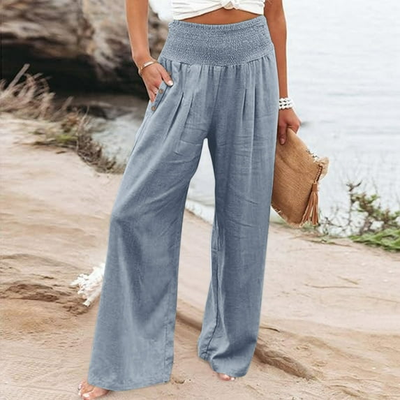 Blue Wide Leg Dress Pants for Women, Linen Trousers Pants for Women Petite, Women Work Pants, L Dress Pants for Women, Solid Color Spring Pants, Weekend Solid Color Leisure Work Pants Women
