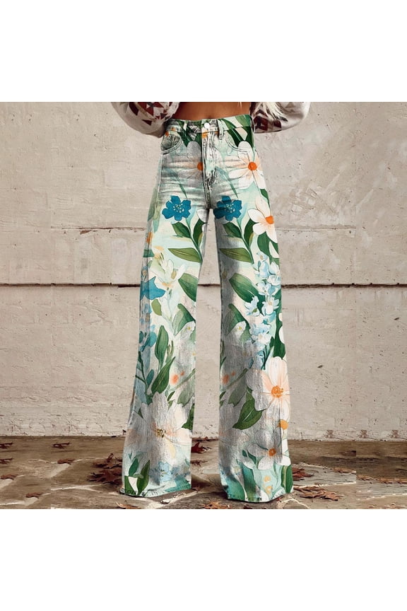 Blue Wide Leg Pants Wide Leg Pants Woman High Waist Floral Patterned Pants Lightweight Loose Fit Casual Colorful Trouser Imitation Jeans
