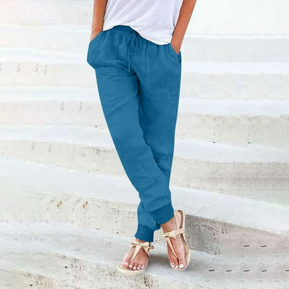 Blue Wide Leg Sweatpants Womens Elastic Waist Pants Casual Trousers with Pockets Fashion Clothing