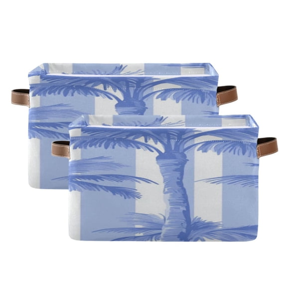 Blue Wide Stripes Coconut Trees Square Storage Bins with Handles Collapsible Containing Box 2 Packs