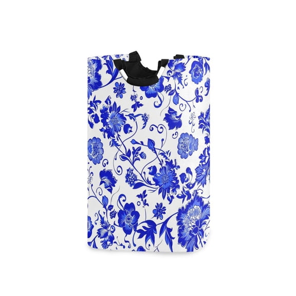 Blue Wild Flowers Leaves Laundry Basket with Handles Foldable Laundry Hamper Freestanding Washing Bin 50L