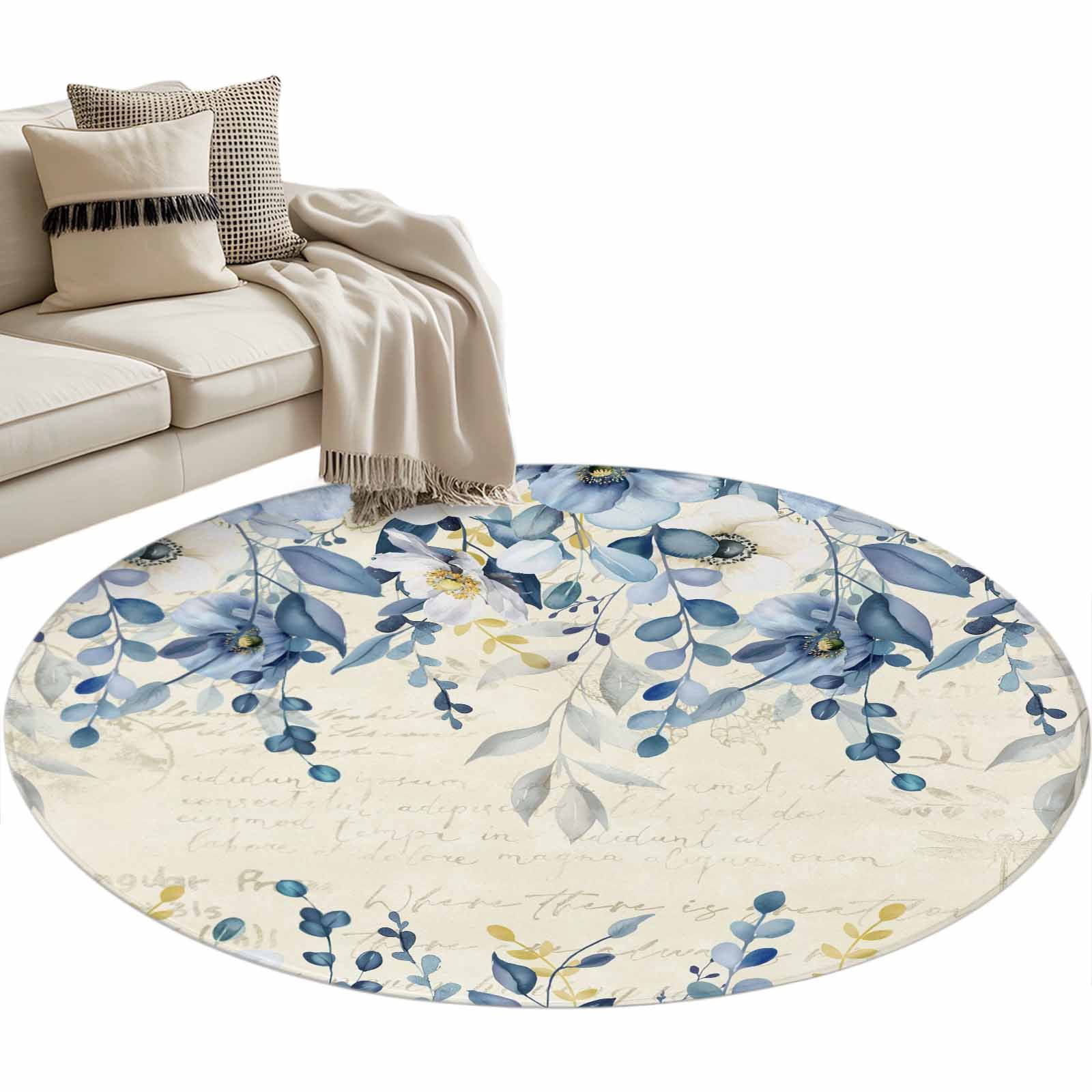 Blue Wild Flowers Round Rug 3.3ft Washable Circle Entryway Rugs Non ...