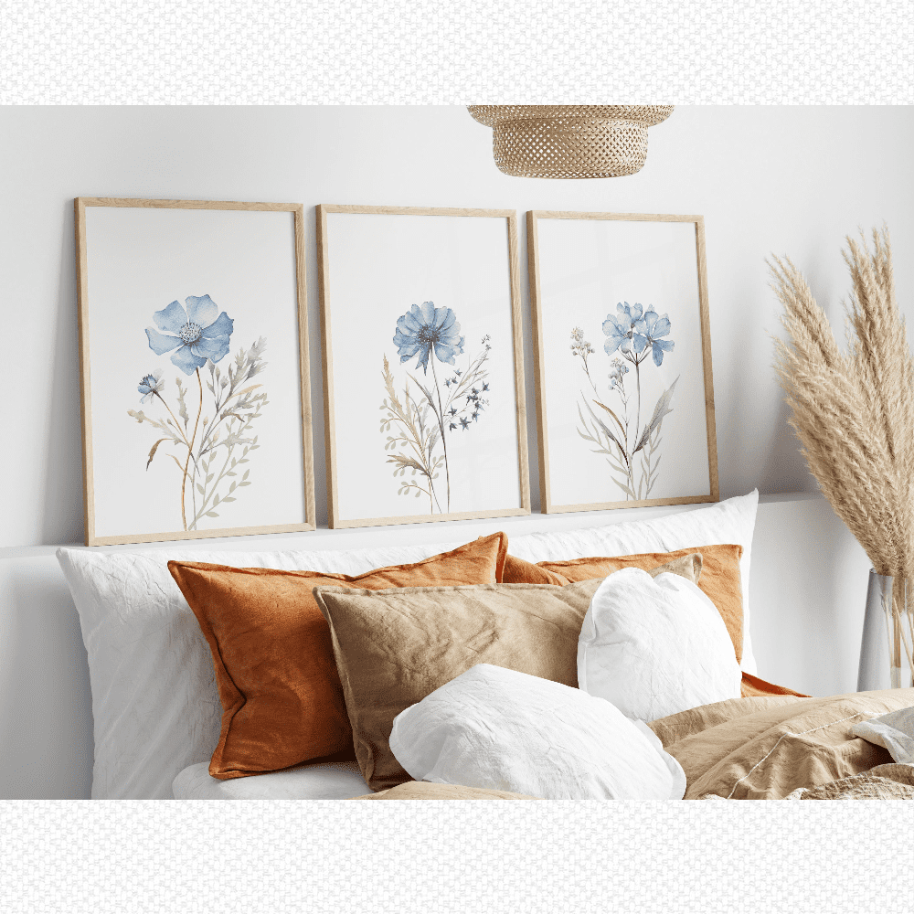 Blue Wildflower Botanical Boho Poster Set Set 3 , Stretched Canvas ...