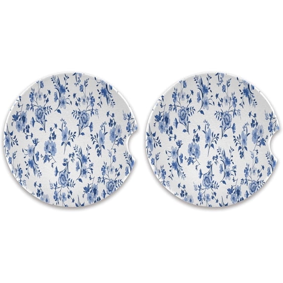 Blue Wildflower Car Coasters, Set of 2 Non-Slip Coasters with Finger Grooves for Most car interiors, Unisex Home Decor