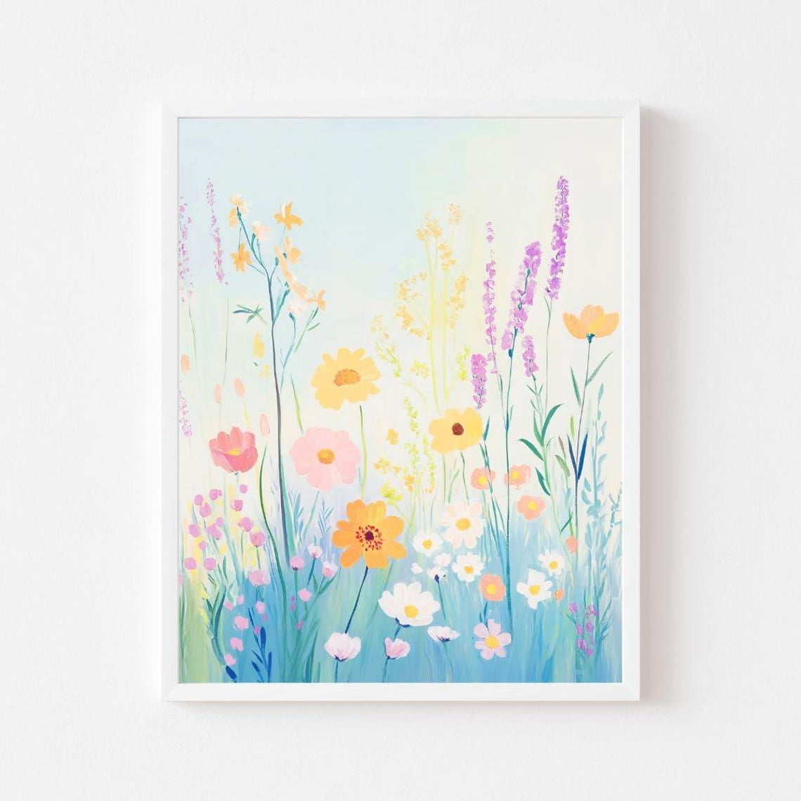 Blue Wildflower Field Painting Pastel Landscape Wall Art Print Colorful ...