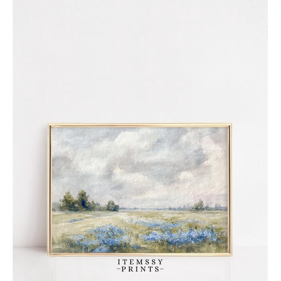 Blue Wildflower Landscape, Neutral Country House Wall Art, Vintage Minimal Spring Decor, Muted Tone Wall Artwork, 16x24 UNFRAMED