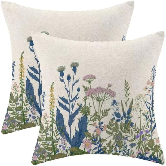 Blue Wildflower Pillow Covers 20 X 20 Inch Set of 2, Floral Farmhouse Outdoor Decorative Throw Pillow Covers Plant Outdoor Pillows for Couch Home Sofa Living Room