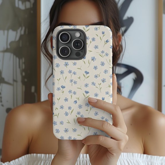 Blue Wildflower Sprigs Tough Case for Apple iPhone, Cream, Dual-Layer Polycarbonate and TPU