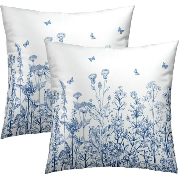 Blue Wildflower Throw Pillow Cover 20x20 Set of 2 - Botanical Flower Leaves Plants Butterfly Pillowcase Cushion Cover for Sofa Couch Bedroom Living Room Outdoor Spring Summer Home
