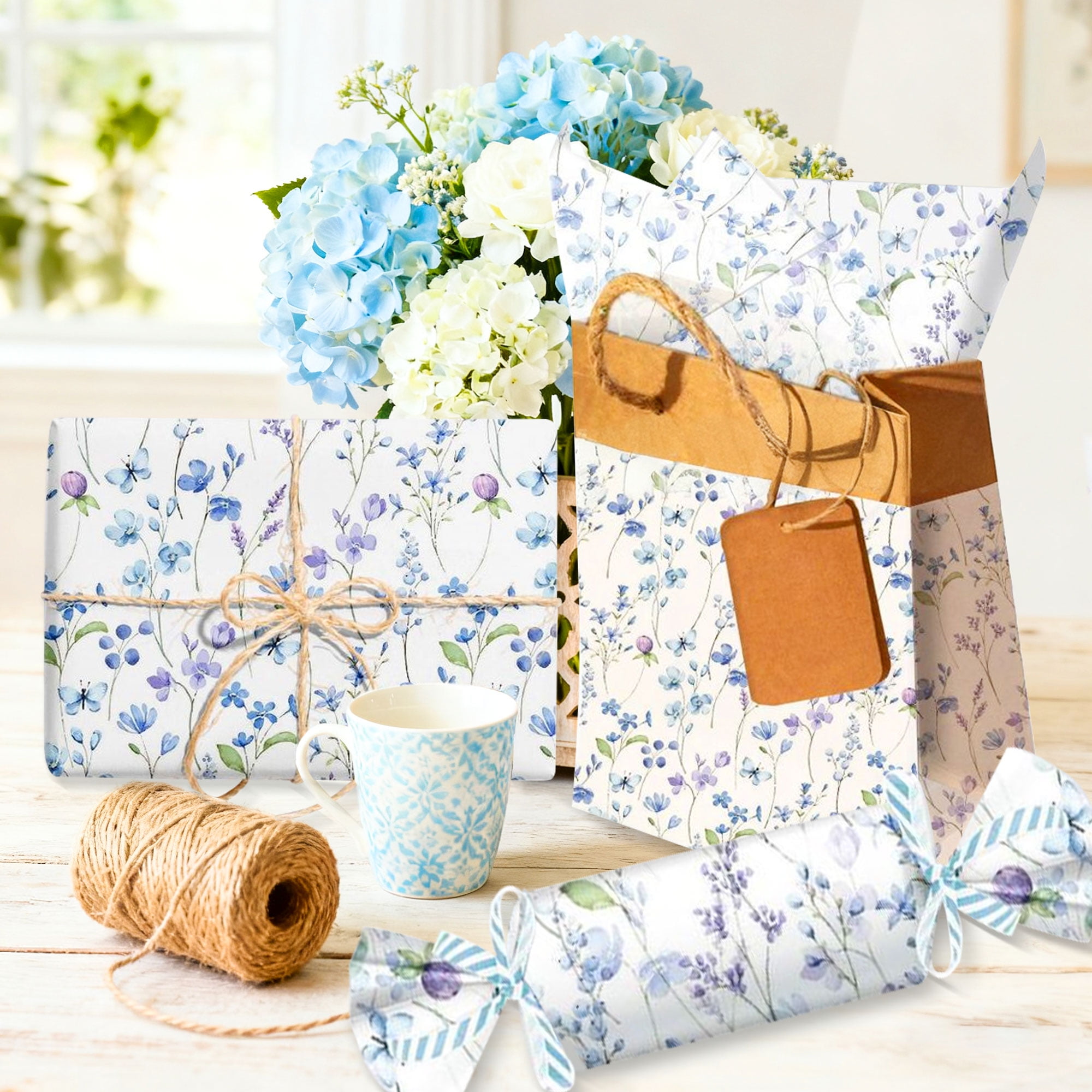 Blue Wildflower Tissue Paper - Watercolor Floral & Butterfly Design for Party Decor Gift Wrapping & Craft Projects