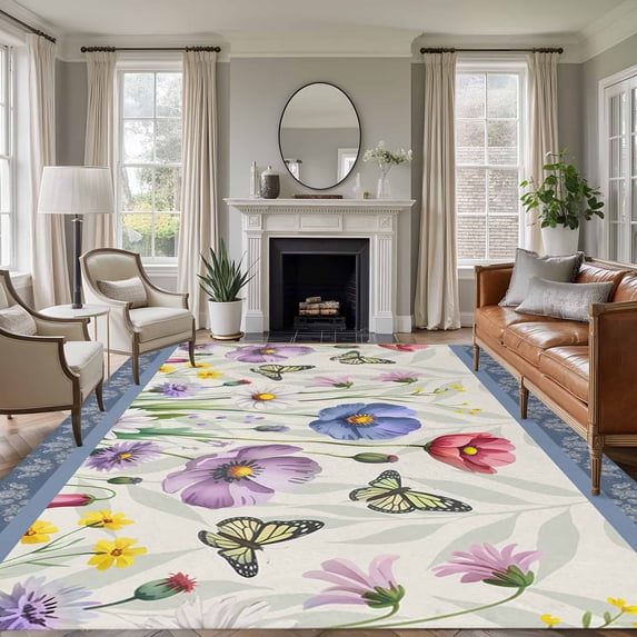 Blue Wildflowers Area Rugs 6'x9', Washable Small Throw Rugs for Kitchen Dining room, Farmhouse Country Spring Butterfly Floral Indoor Outdoor Rug Non-Slip Low Pile Carpet Runner Reversible Floor Mats