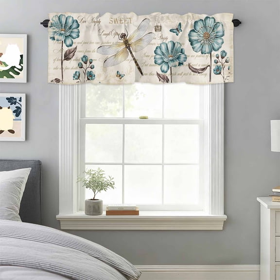 Blue Wildflowers Dragonfly Crown on Vintage Valances for Windows,Kitchen Valance Rod Pocket Short Curtain, Rertro Plants Valance Curtain Window Valances for Bedroom Bathroom Living Room 42x18in