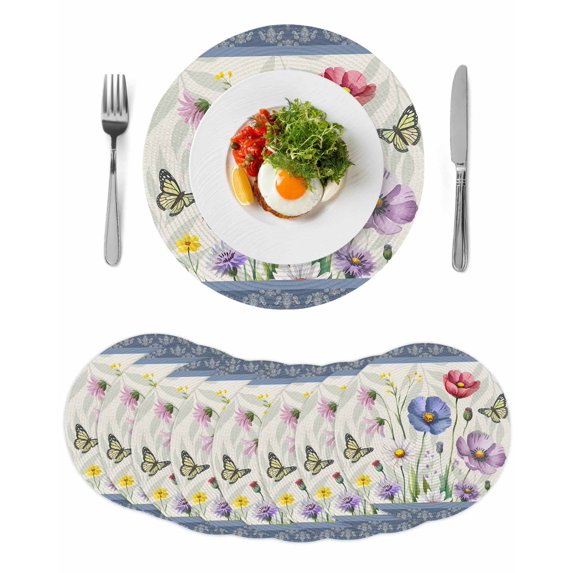 Blue Wildflowers Round 15 Inch Placemats Set of 8, Farmhouse Country Spring Butterfly Floral HeatResistant Non Slip Place Mats for Dining Table, Wipeable Braided Kitchen Table Mats for Housewarming
