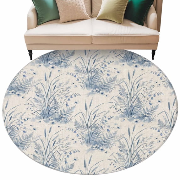 Blue Wildflowers Round Rug 8ft Washable Circle Rugs Non Slip Farmhouse ...