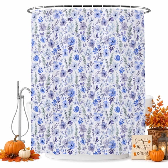Blue Wildflowers Shower Curtain Set - 72" x 78" Washable Bathtub Curtain with 12 Hooks, Chic Floral Classic Botanical Waterproof Fabric Stall Shower Curtains for Bathroom/Bathtub Décor