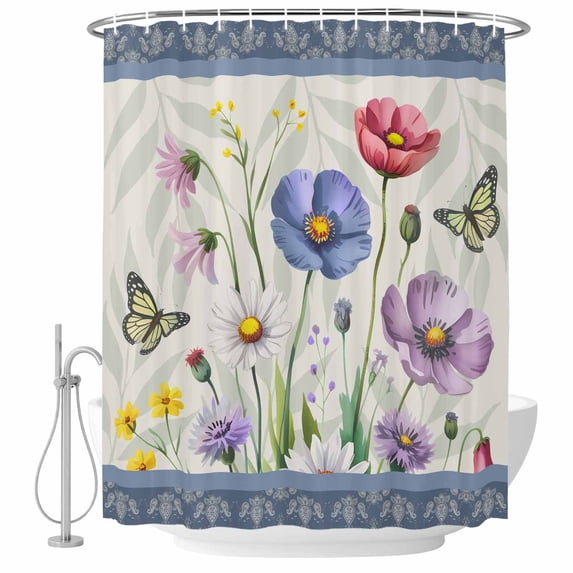 Blue Wildflowers Shower Curtain, Waterproof Shower Curtains for Bathroom, Farmhouse Country Spring Butterfly Floral Washable Fabric Bathtub Curtain Set Bath Decor with 12 Hooks 48"x72"