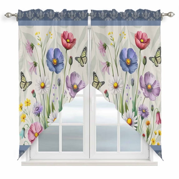 Blue Wildflowers Swag Curtains for Kitchen/Bedroom/Living Room, Farmhouse Country Spring Butterfly Floral Scalloped Curtains 63 Inch Long, Window Swag Topper Curtains Valances 2 Panels Set 36"x63"