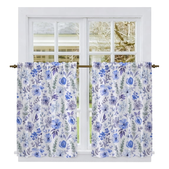 Blue Wildflowers Tier Curtains 54 Inch Length, Chic Floral Classic Botanical Cafe Short Curtains for Bathroom Over Sink, Small Kitchen Curtain Light Filtering Tiered Drapes 2 Panels 27.5"Wx54"L