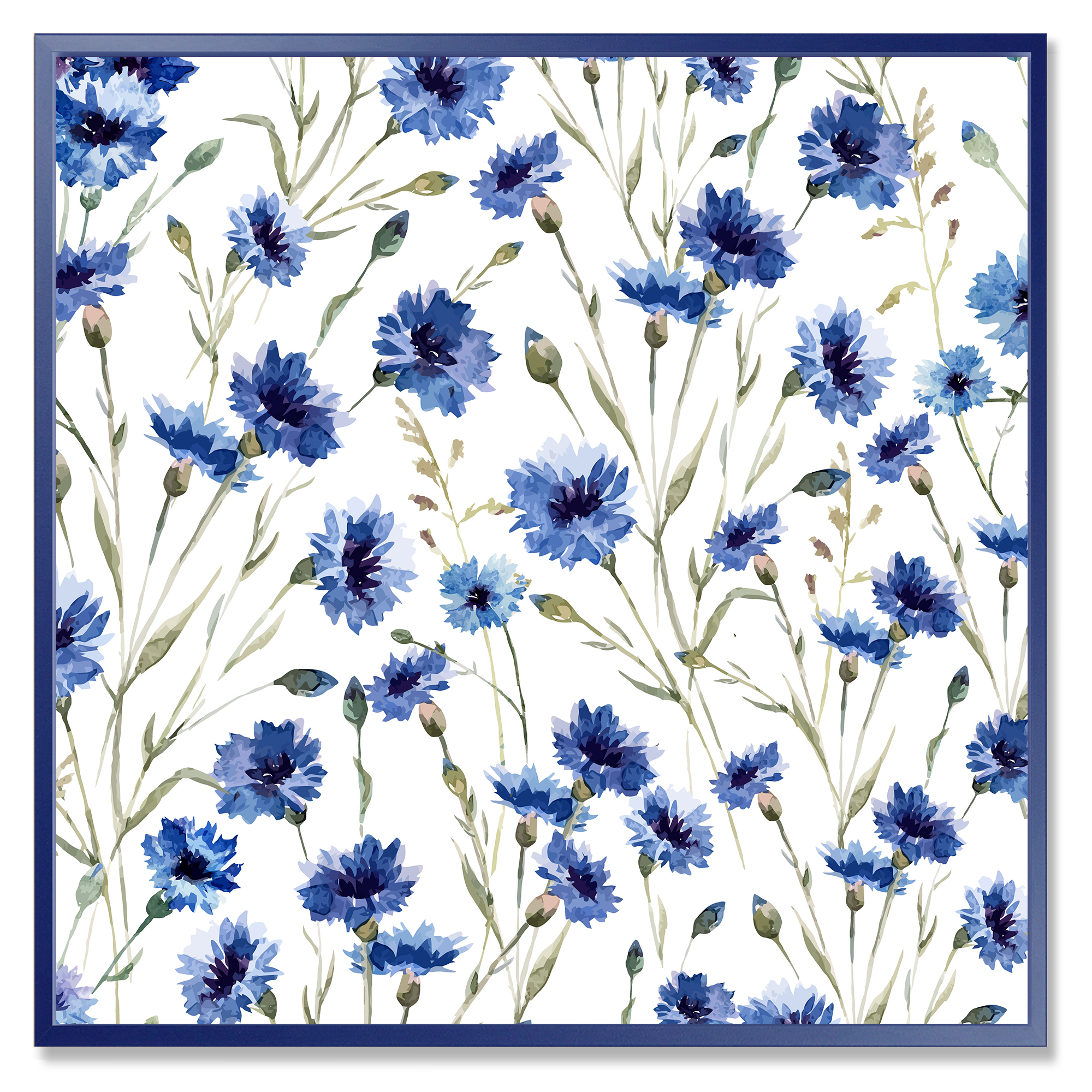 Blue Wildflowers With Green Leaves On White 36 in x 36 in Framed Painting Canvas Art Print, by Designart