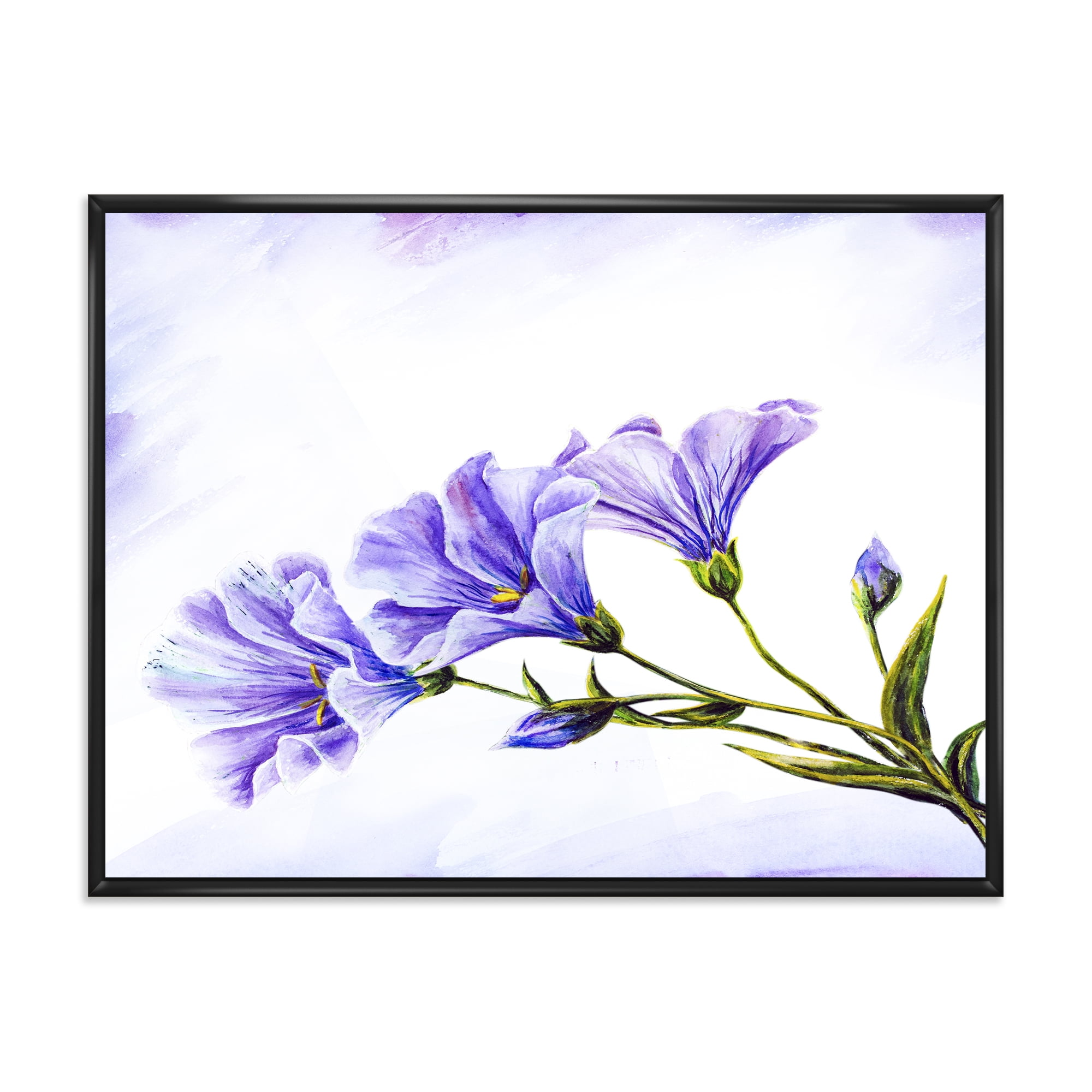 Blue Wildflowers With Leaves II 32 in x 16 in Framed Painting Canvas Art Print, by Designart