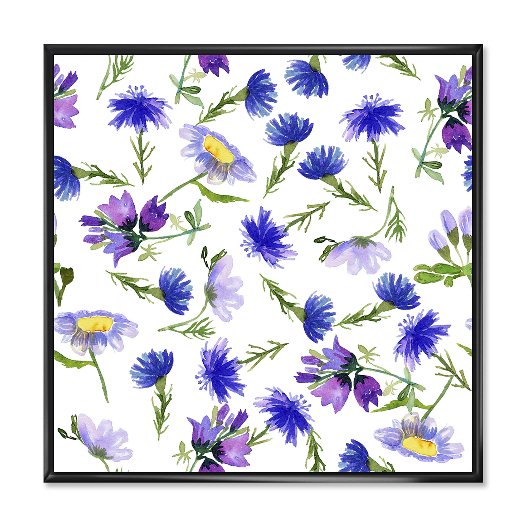 Blue Wildflowers With Leaves III 36 in x 36 in Framed Painting Canvas Art Print, by Designart
