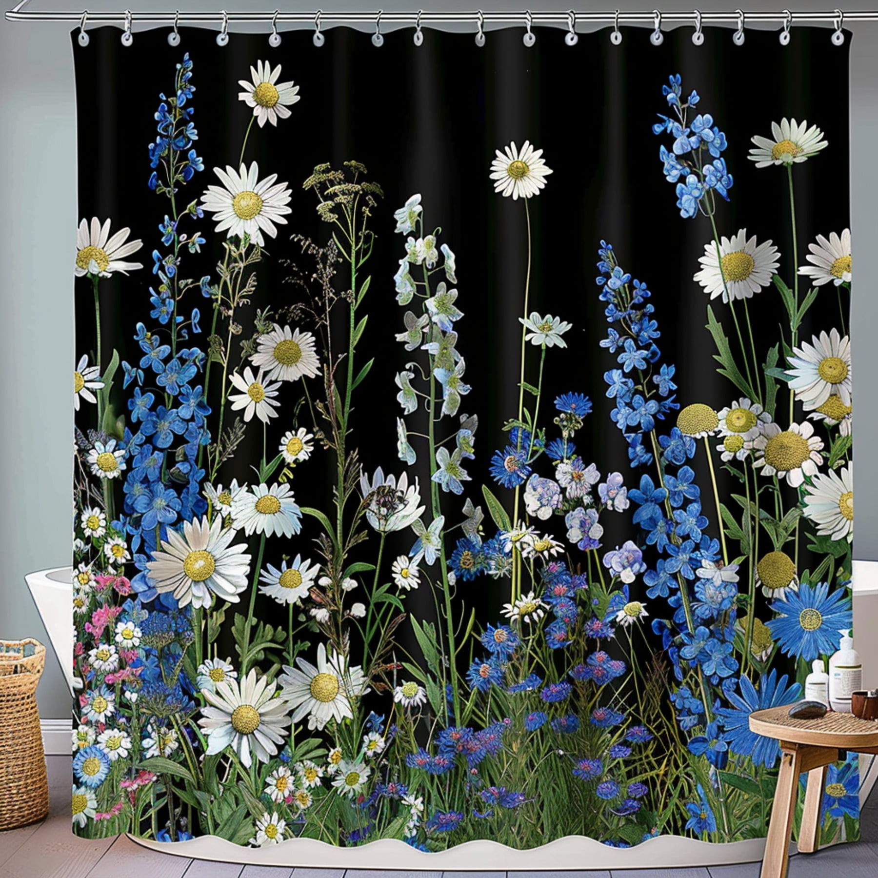 Blue Wildflowers and White Daisies Meadow Garden Shower Curtain Set ...