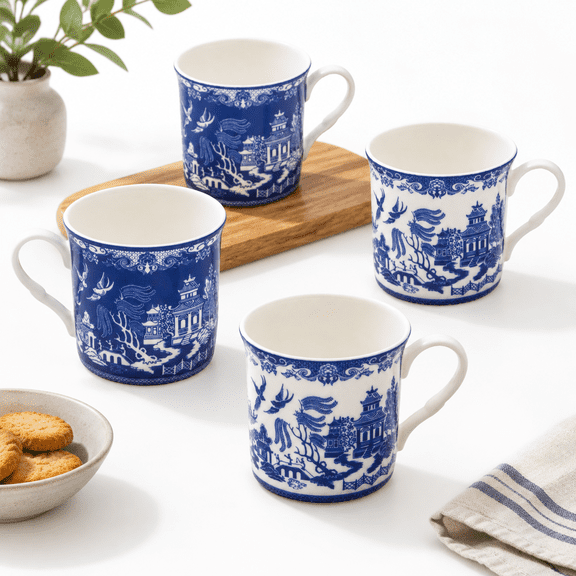 Blue Willow 10-Ounce Ceramic Coffee Tea Mugs, Set of 4 with 2 Assorted Patterns
