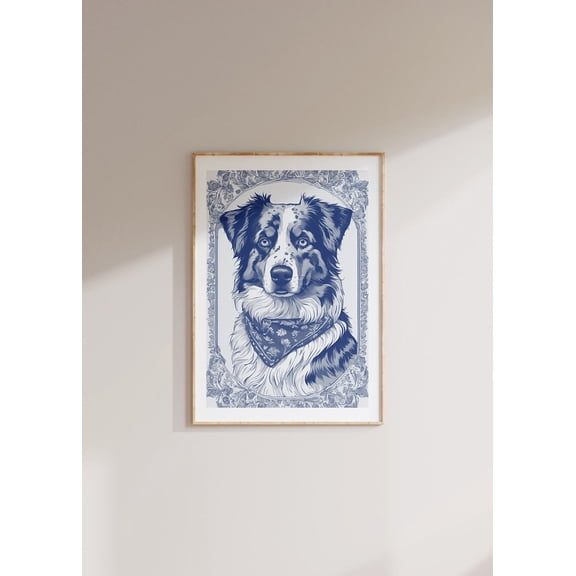 Blue Willow Australian Shepherd Dog Delft Blue Coastal Home Decoration, Unframed Canvas