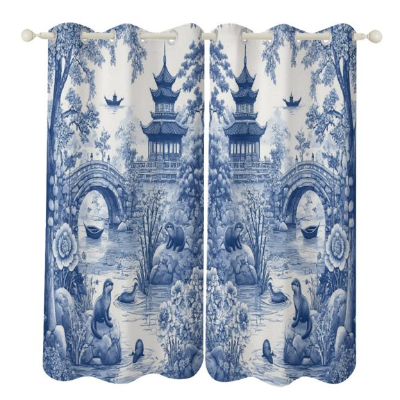 Blue Willow Ceramic Background Texture 2 Panels Blackout Curtains for Bedroom Living Room Drapes Kitchen Room Window Curtain Grommet