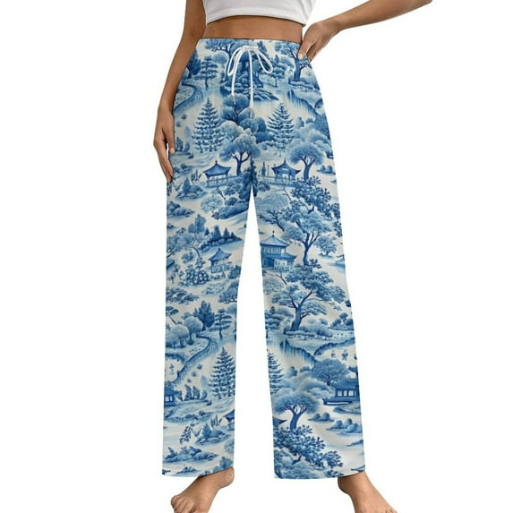Blue Willow Ceramic Background Texture Pajama Pants Breathable with Pockets Pajamas For Lady Vintage Sleeping Pants Bedroom Homewear