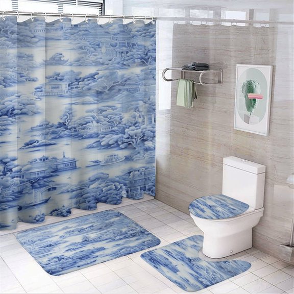 Blue Willow Ceramic Background Texture Shower Curtain Waterproof Bathroom Curtain Set 4pcs with Hooks Home Decor Bathroom Curtains
