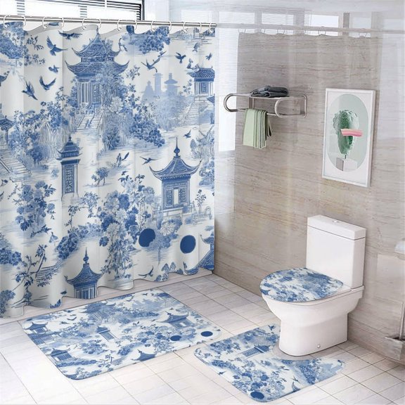 Blue Willow Ceramic Background Texture Shower Curtain Waterproof Bathroom Curtain Set 4pcs with Hooks Home Decor Bathroom Curtains
