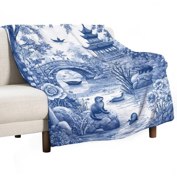 Blue Willow Ceramic Background Texture Soft Print Blanket Throw Blankets Warm Cozy Lightweight Couch Blanket Stuff Gifts for Women Mom Teens