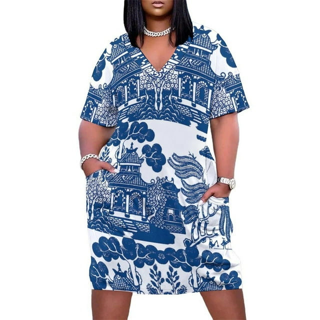 Blue Willow Chinoiserie Blue And White Porcelain Inspiration Summer Dresses for Women Plus Size Sundress Short Sleeve V Neck Dresses A-Line Midi Shirts Dress with Pockets
