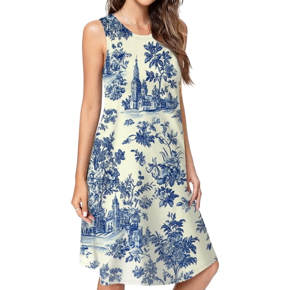 Blue Willow Chinoiserie Blue And White Casual Sleeveless Loose Sundress Dress For Women Summer Dress Daily Woman