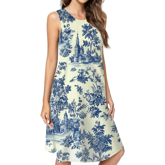 Blue Willow Chinoiserie Blue And White Casual Sleeveless Loose Sundress Dress For Women Summer Dress Daily Woman
