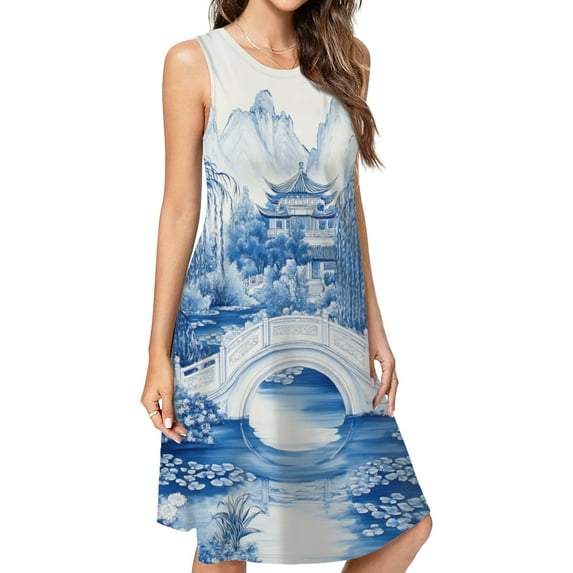 Blue Willow Chinoiserie Blue And White Dress Elegant Party Dresses Evening Dresses Women Dress Sleeveless Dress Ladies Dresses