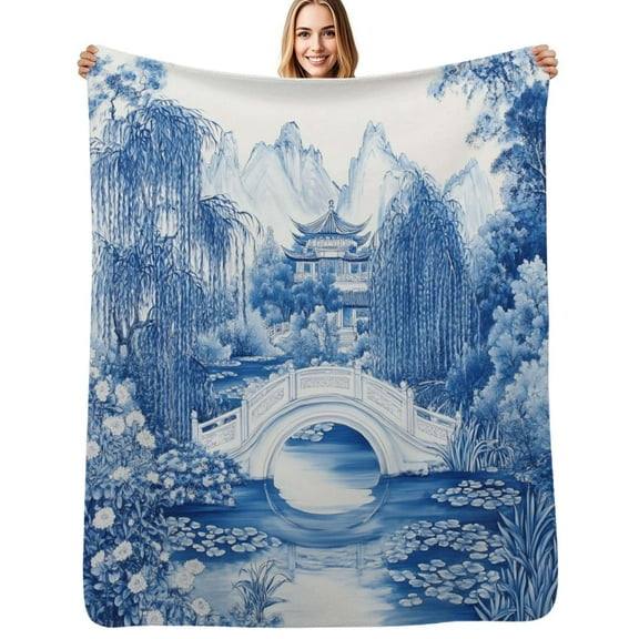 Blue Willow Chinoiserie Blue And White Flannel Blankets Soft Throw Blanket Winter Travel Office Outdoor Bedspread