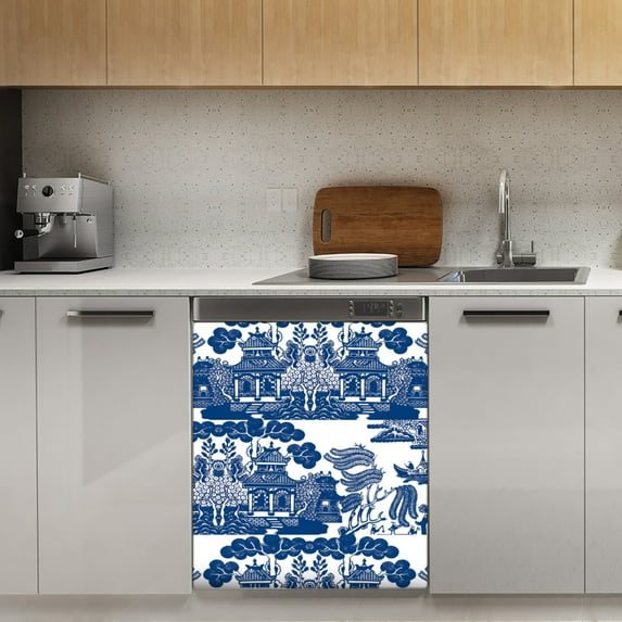 Blue Willow Chinoiserie Blue And White Porcelain Inspiration Dishwasher Magnet Cover Decorative Sticker for Home Cabinet Kitchen 23" x26"