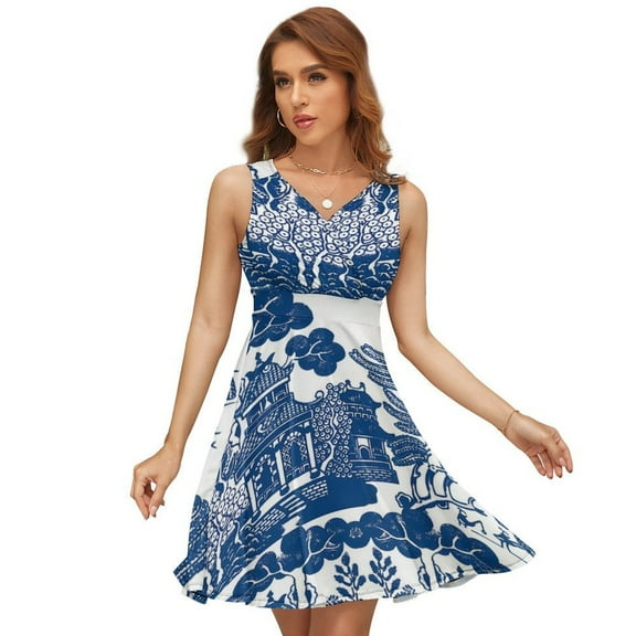 Blue Willow Chinoiserie Blue And White Porcelain Inspiration Sleeveless Dress Women Summer Evening Dresses Ladies Sundress