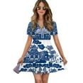 thumbnail image 1 of Blue Willow Chinoiserie Blue And White Porcelain Inspiration Women Dress V-Neck Short Sleeve Flowy Swing Party Midi Dress, 1 of 4