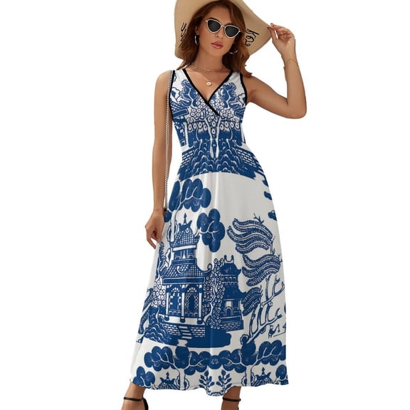 Blue Willow Chinoiserie Blue And White Porcelain Inspiration Womens Night Club Maxi Dress V Neck Sleeveless Bohemia Long Dresses