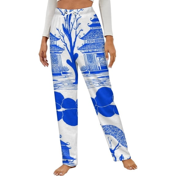 Blue Willow Chinoiserie Blue And White Winter Female Pants Flannel High Waist Women Pants Lady Warm Straight Leg Plush Trousers