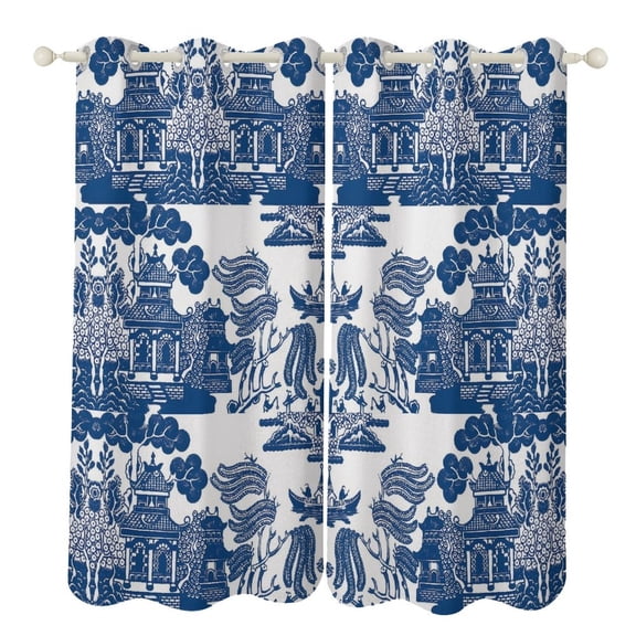 Blue Willow Chinoiserie Blue And White Porcelain Inspiration. 2 Panels Blackout Curtains for Bedroom Living Room Drapes Kitchen Room Window Curtain Grommet